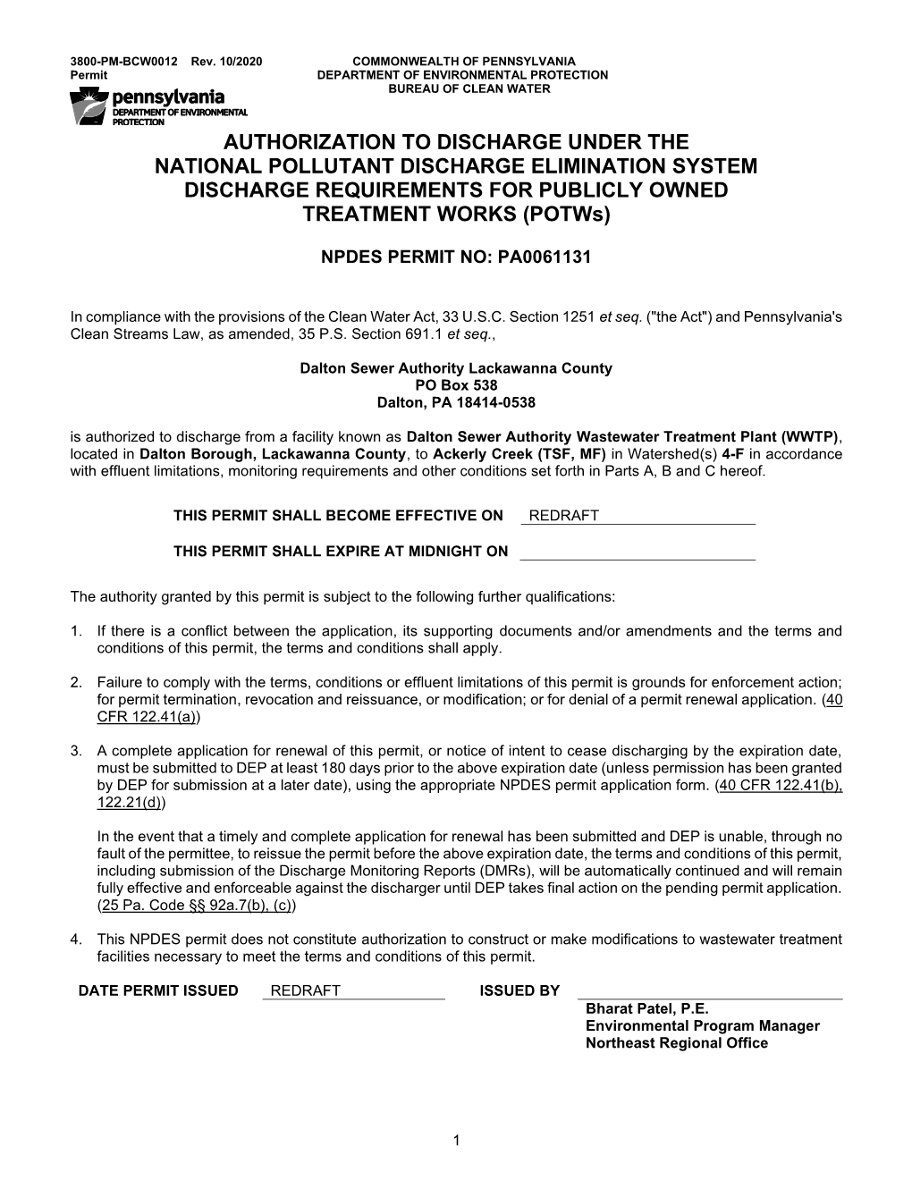 Authorization to Discharge Under the National