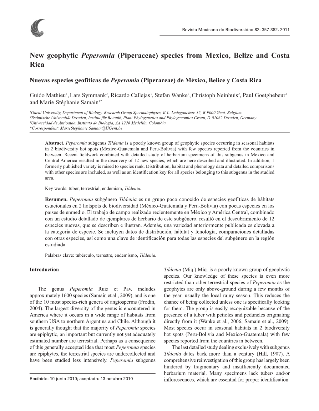 New Geophytic Peperomia (Piperaceae) Species from Mexico, Belize and Costa Rica