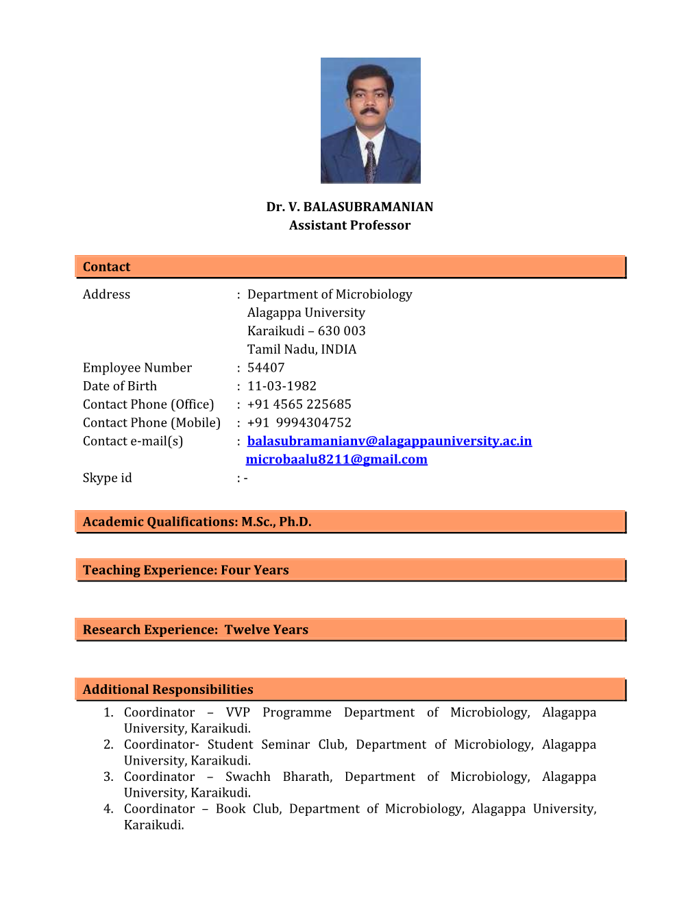 Dr. V. BALASUBRAMANIAN Assistant Professor