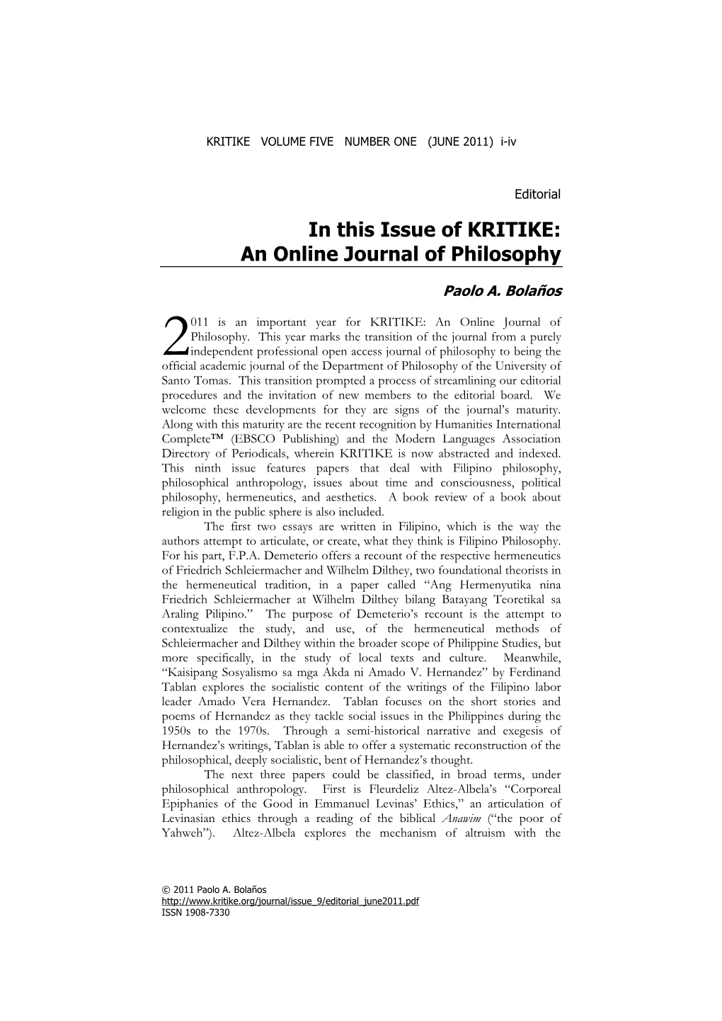 In This Issue of KRITIKE: an Online Journal of Philosophy