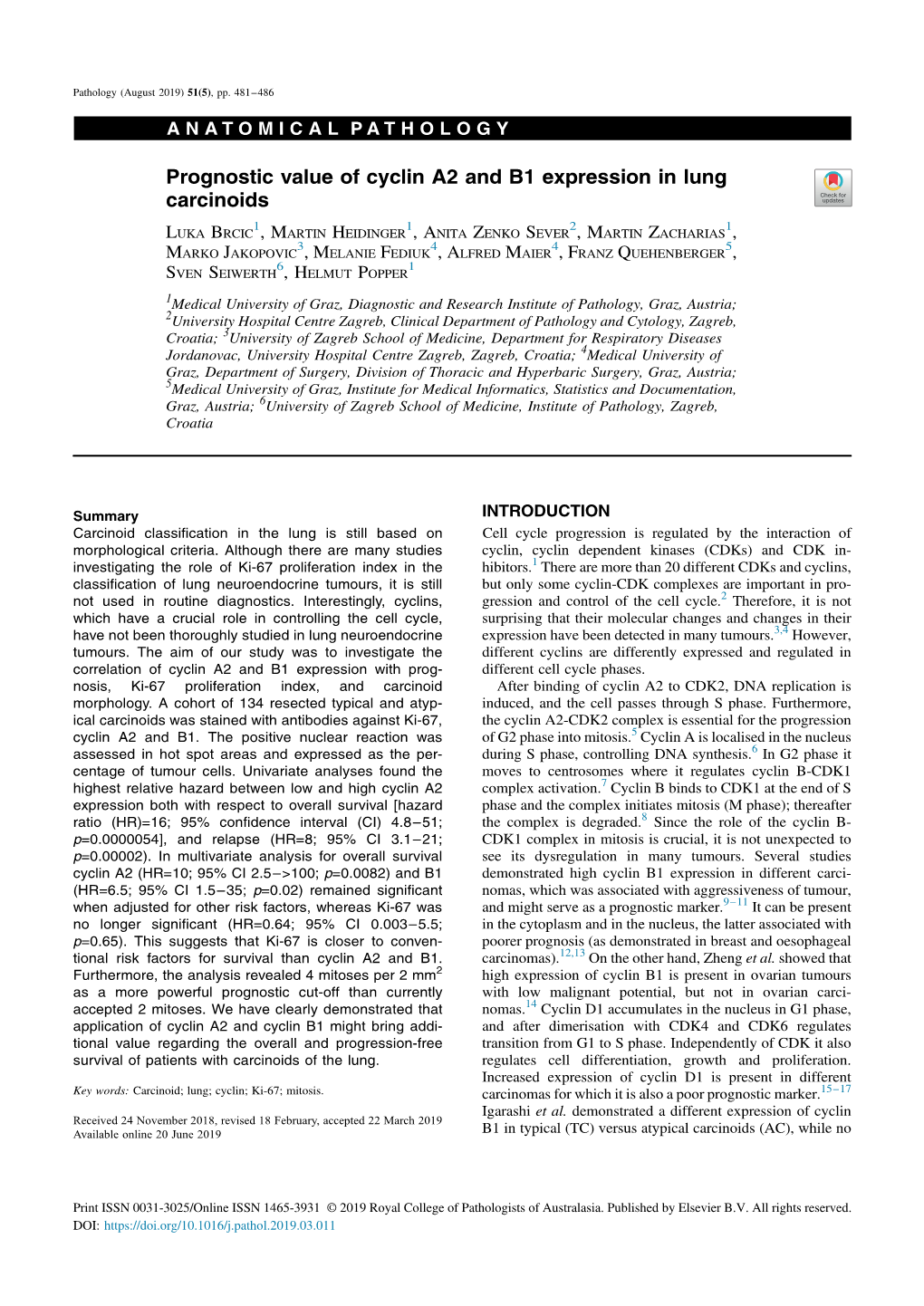 Prognostic Value of Cyclin A2 and B1 Expression in Lung Carcinoids