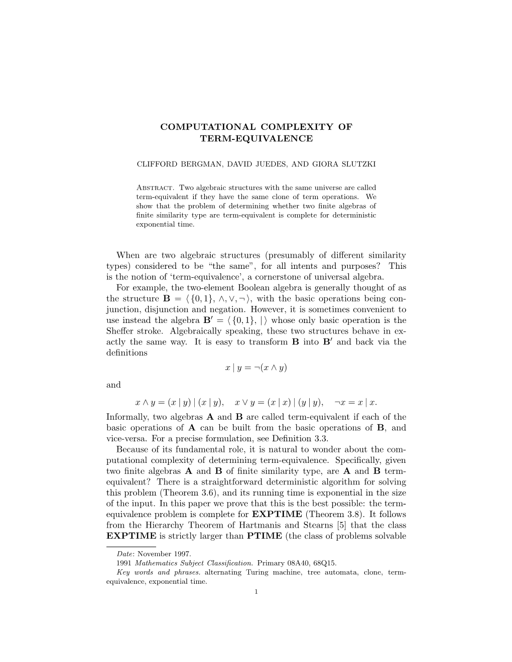 COMPUTATIONAL COMPLEXITY of TERM-EQUIVALENCE When Are Two Algebraic Structures