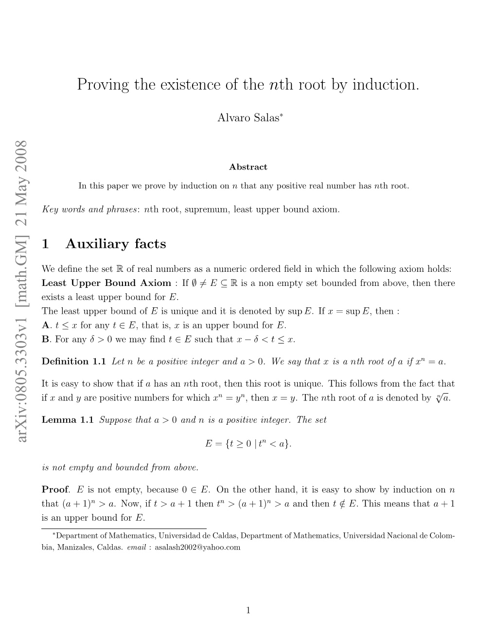 Proving the Existence of the Nth Root by Induction