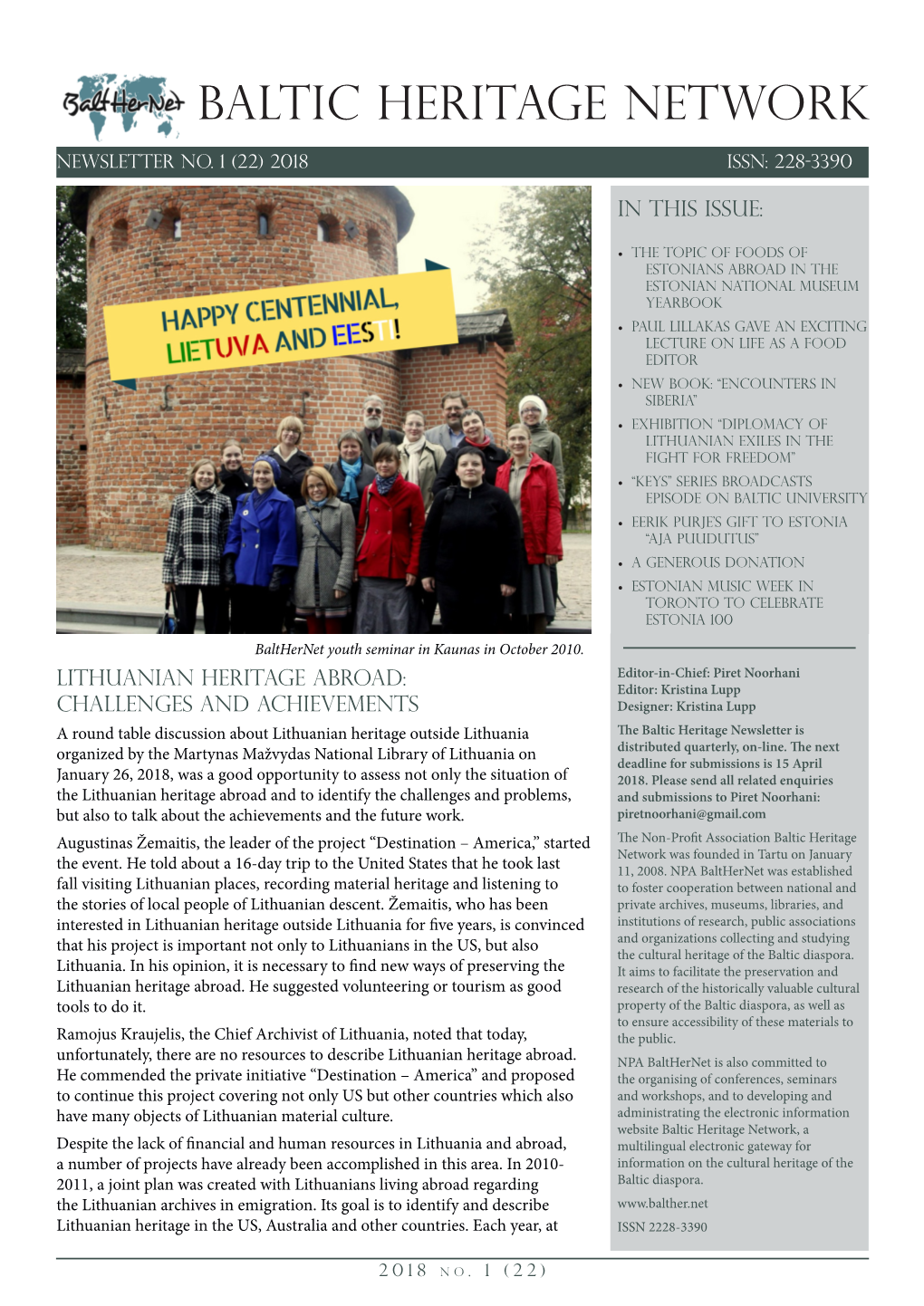Baltic Heritage Network Newsletter 2018, No.1