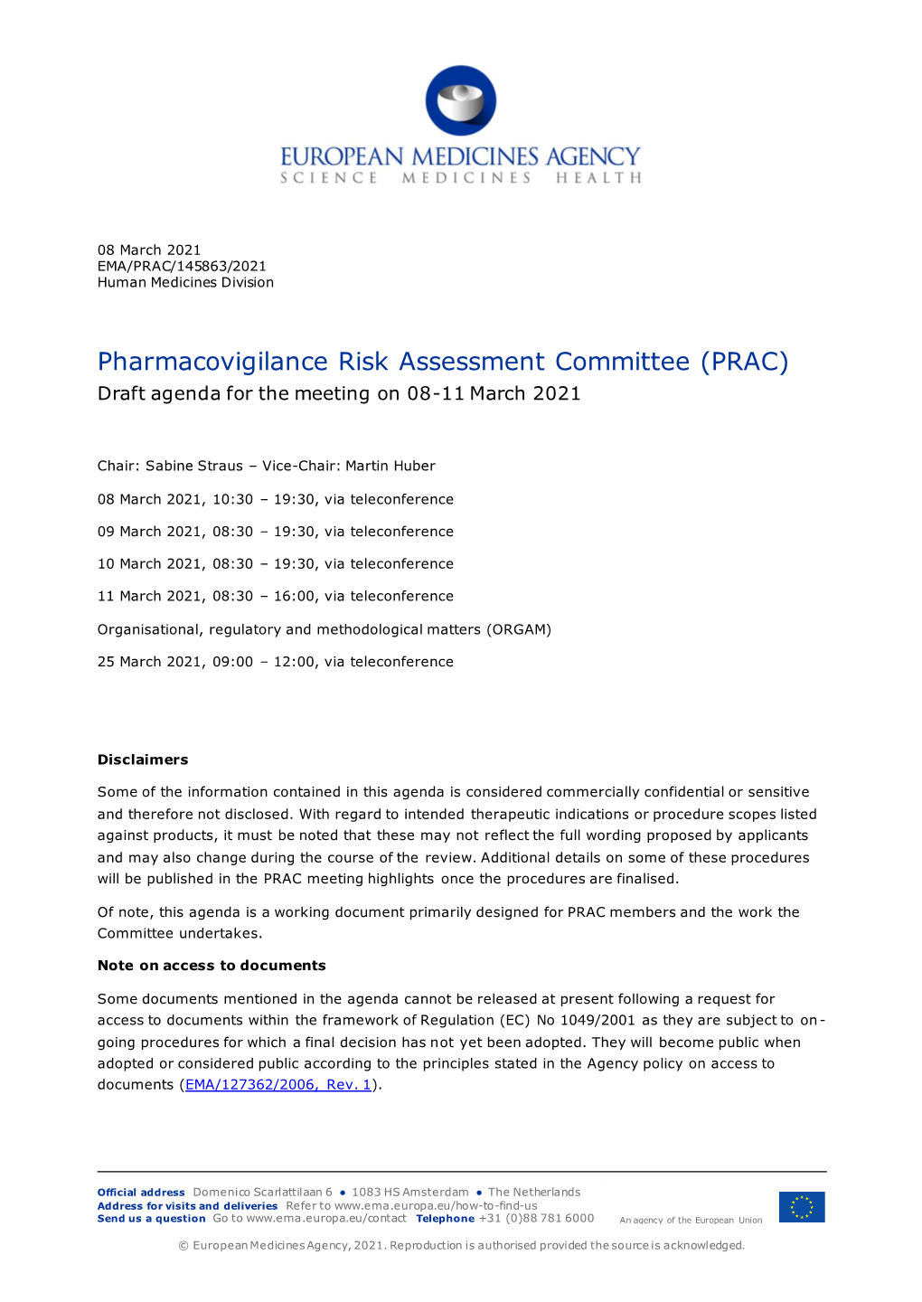 PRAC Draft Agenda of Meeting 08-11 March 2021