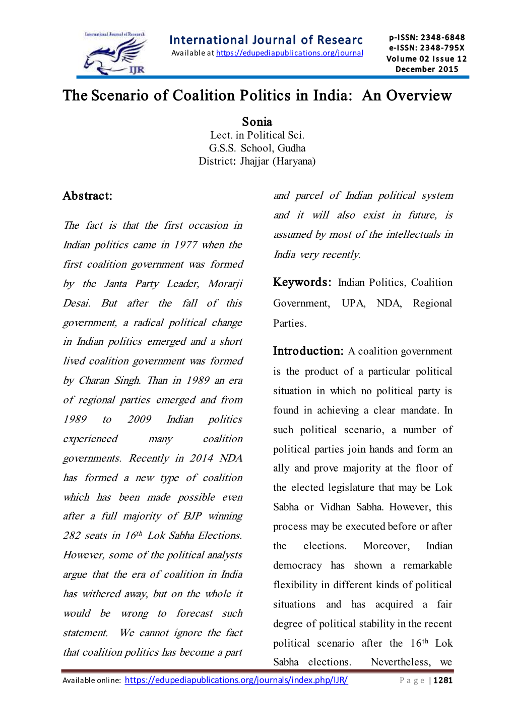 The Scenario of Coalition Politics in India: an Overview Sonia Lect
