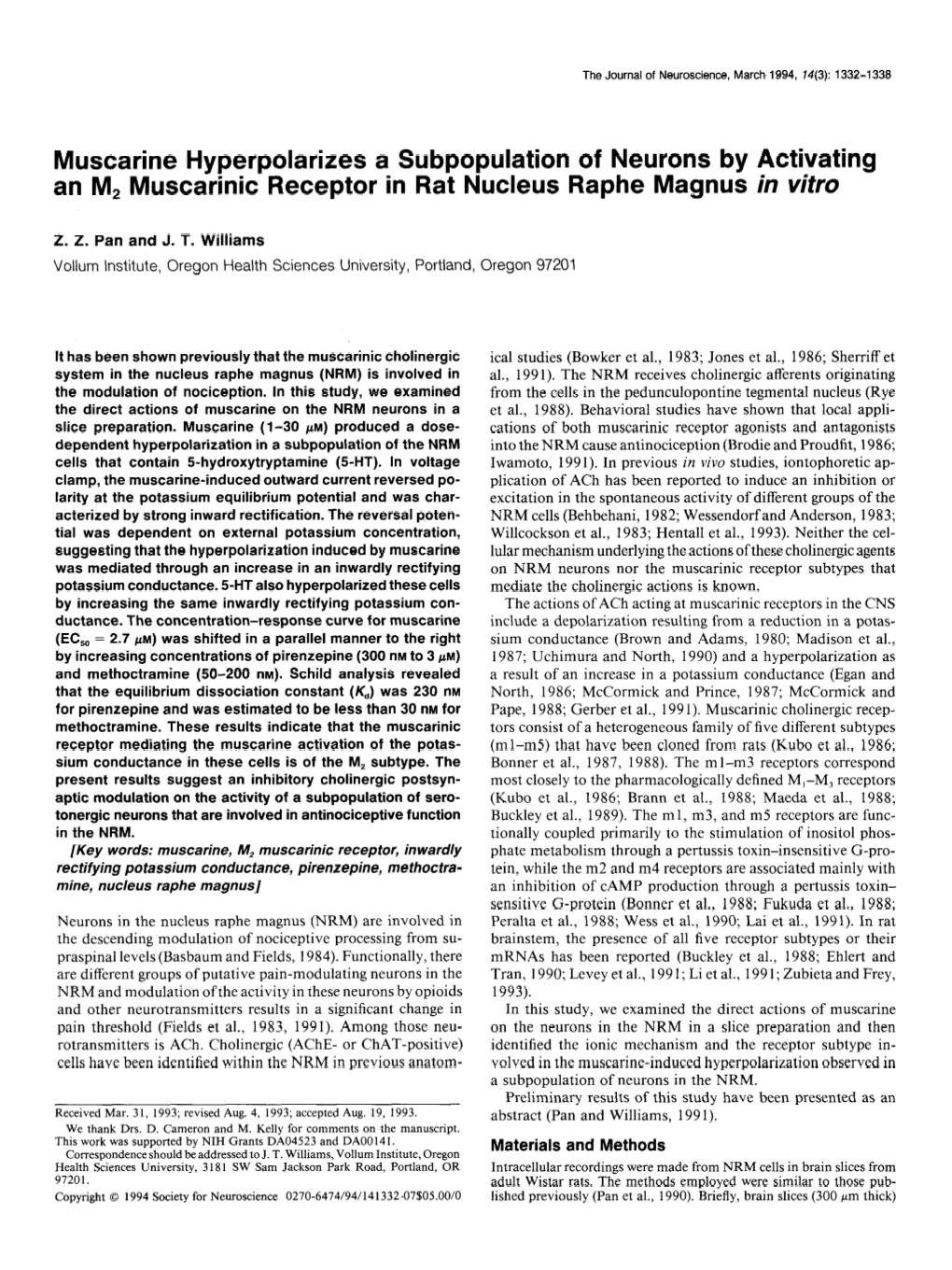 Muscarine Hyperpolarizes a Subpopulation of Neurons by Activating an M, Muscarinic Receptor in Rat Nucleus Raphe Magnus in Vitro