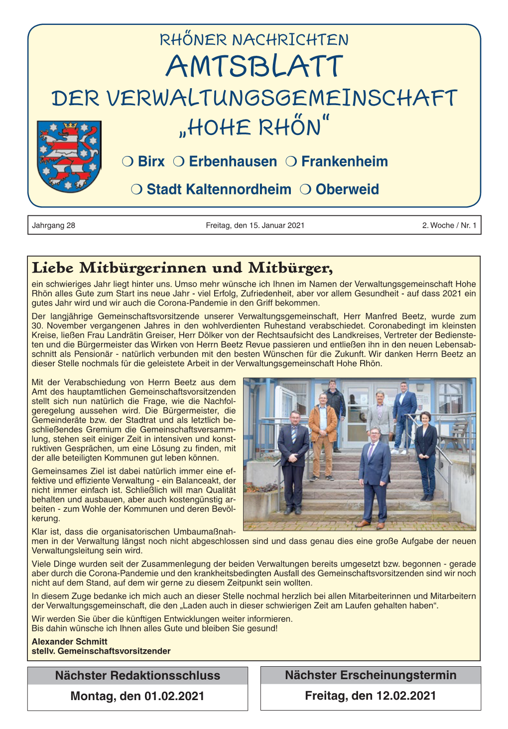 AMTSBLATT DER VERWALTUNGSGEMEINSCHAFT „HOHE RHÖN“ M Birx M Erbenhausen M Frankenheim M Stadt Kaltennordheim M Oberweid