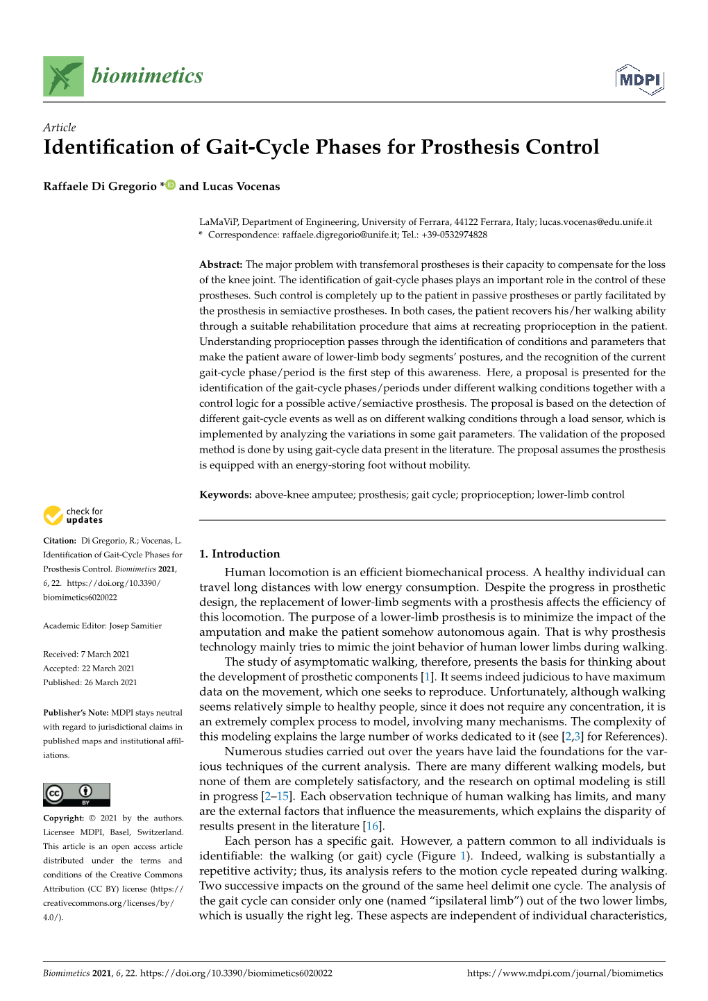 Identification of Gait-Cycle Phases for Prosthesis Control