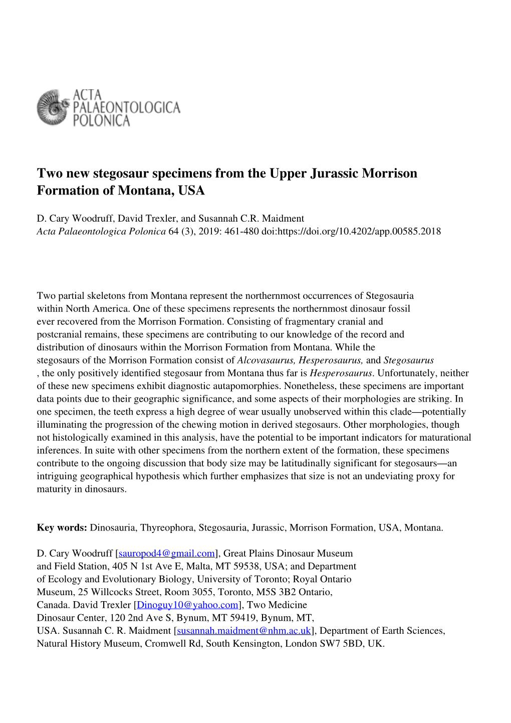 Two New Stegosaur Specimens from the Upper Jurassic Morrison Formation of Montana, USA