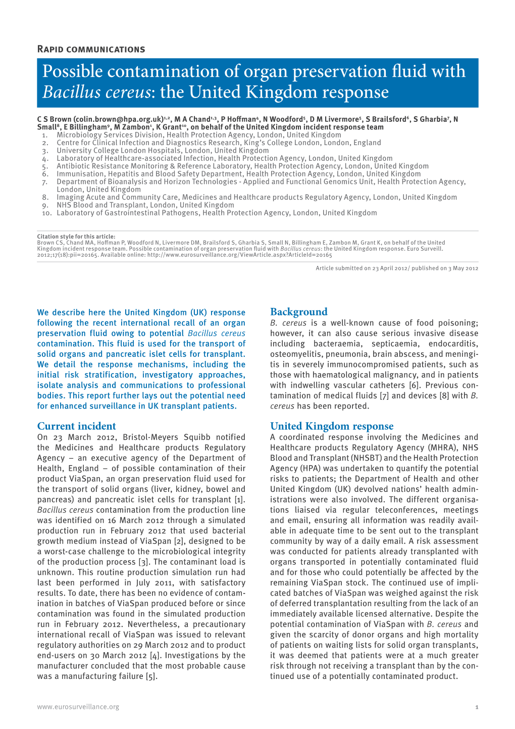 Possible Contamination of Organ Preservation Fluid with Bacillus Cereus: the United Kingdom Response