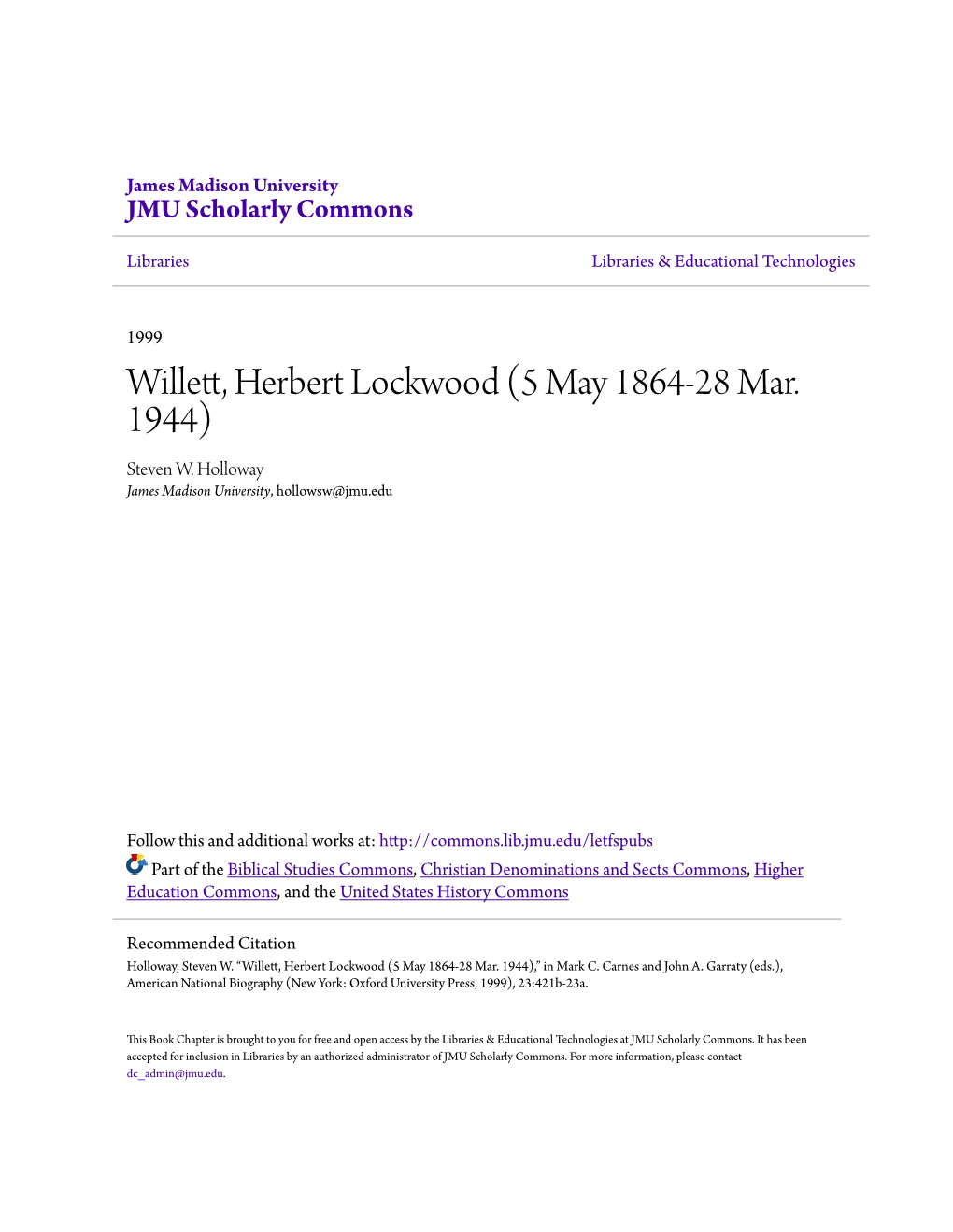 Willett, Herbert Lockwood (5 May 1864-28 Mar