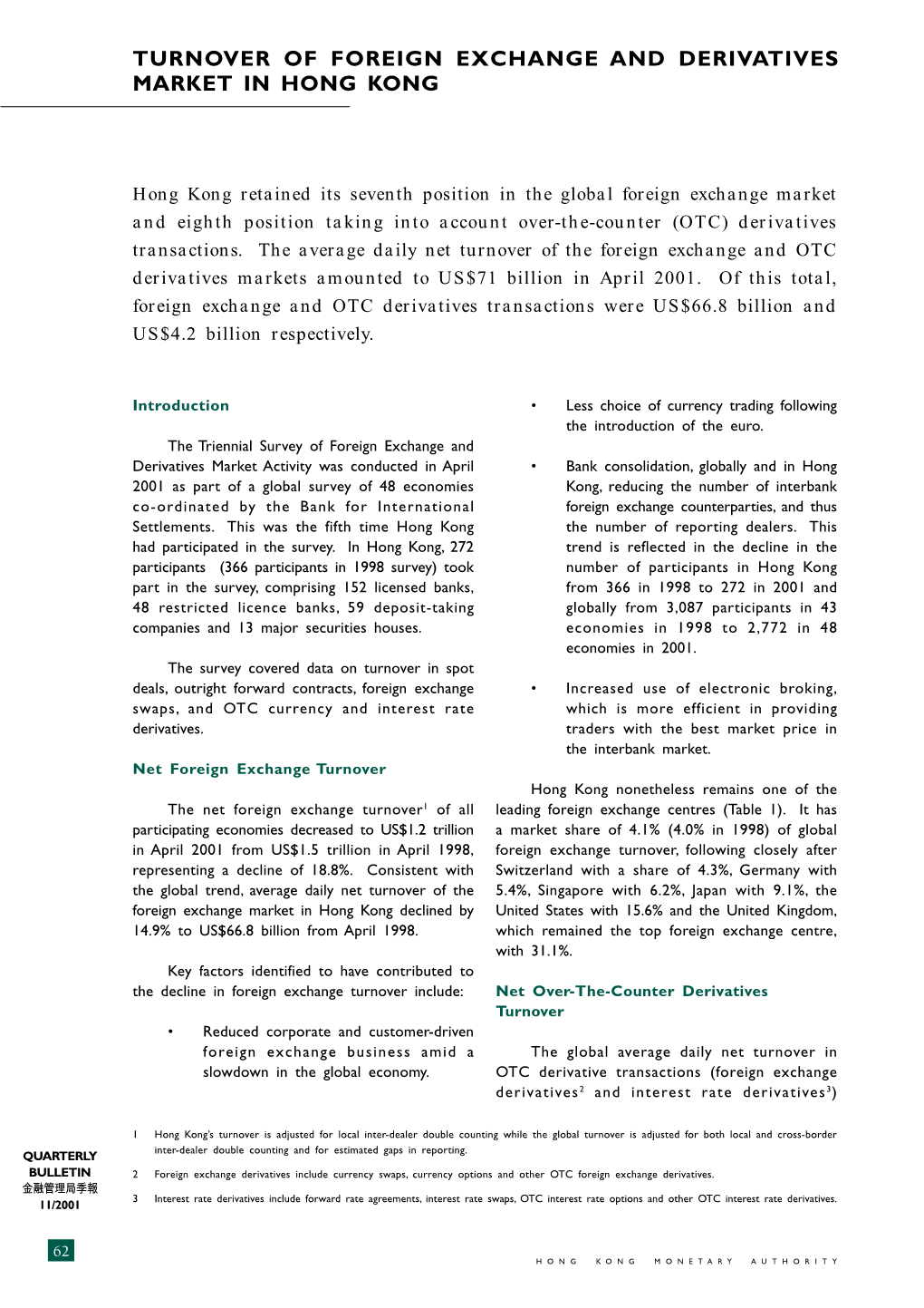 Turnover of Foreign Exchange and Derivatives Market in Hong Kong