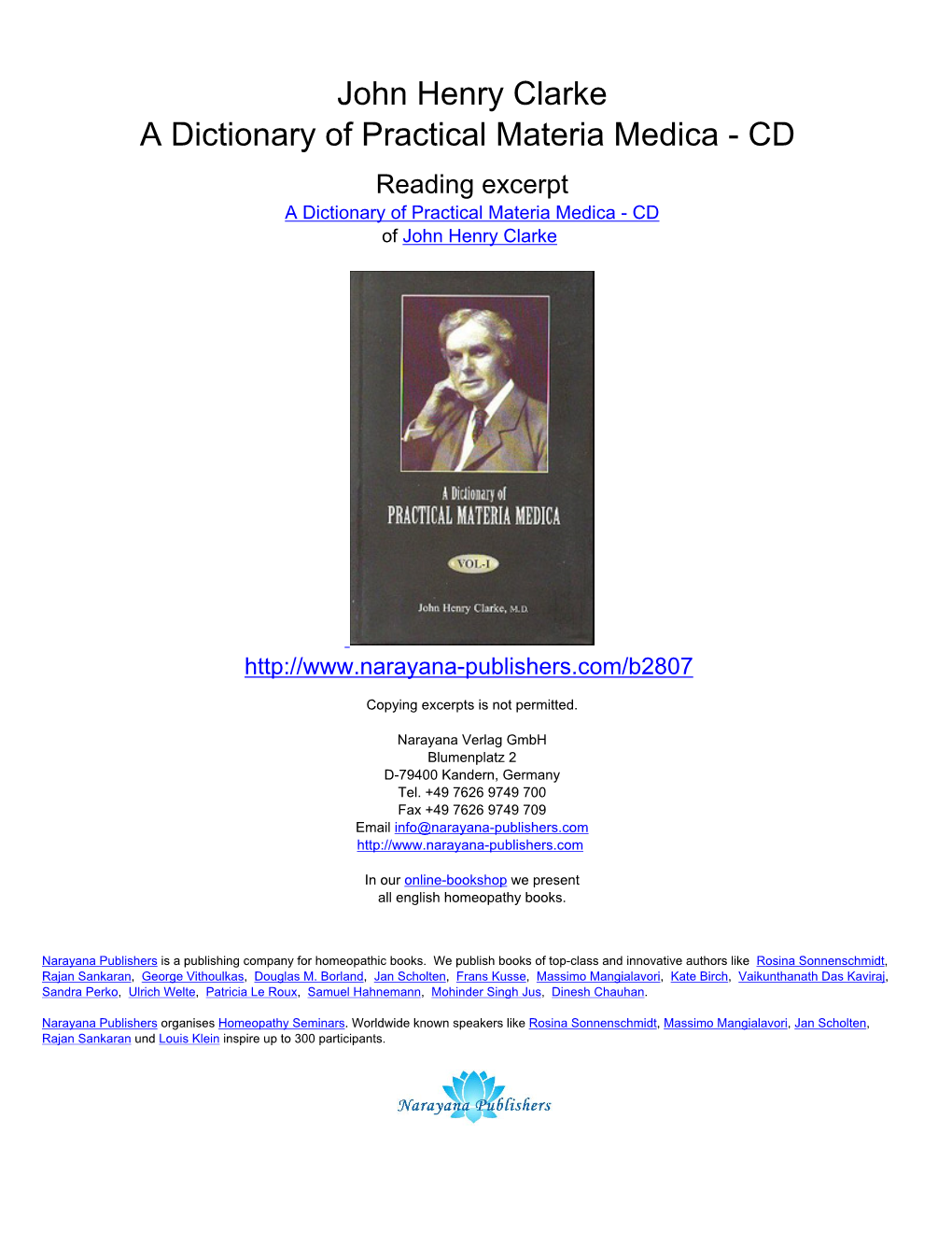 John Henry Clarke a Dictionary of Practical Materia Medica - CD Reading Excerpt a Dictionary of Practical Materia Medica - CD of John Henry Clarke