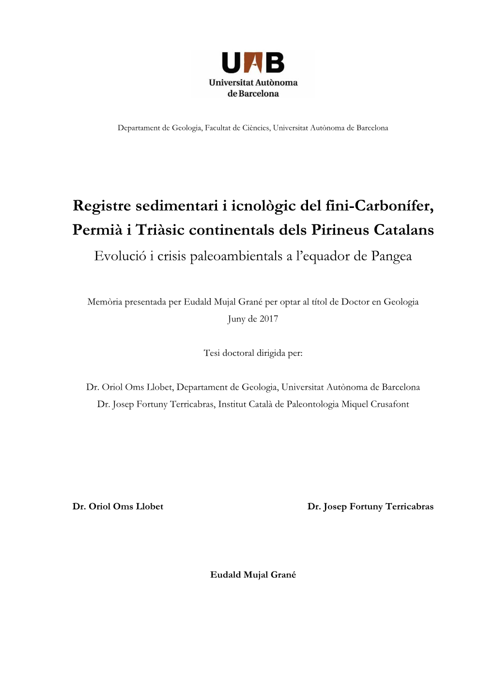 Registre Sedimentari I Icnològic Del Fini-Carbonífer, Permià I Triàsic Continentals Dels Pirineus Catalans Evolució I Crisis Paleoambientals a L’Equador De Pangea