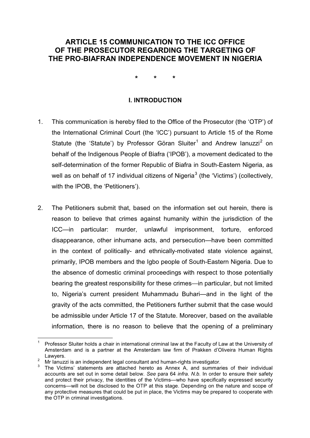 Article 15 Communication to the Icc Office of the Prosecutor Regarding the Targeting of the Pro-Biafran Independence Movement in Nigeria
