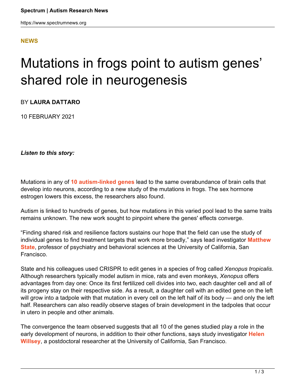 Mutations in Frogs Point to Autism Genes' Shared Role in Neurogenesis