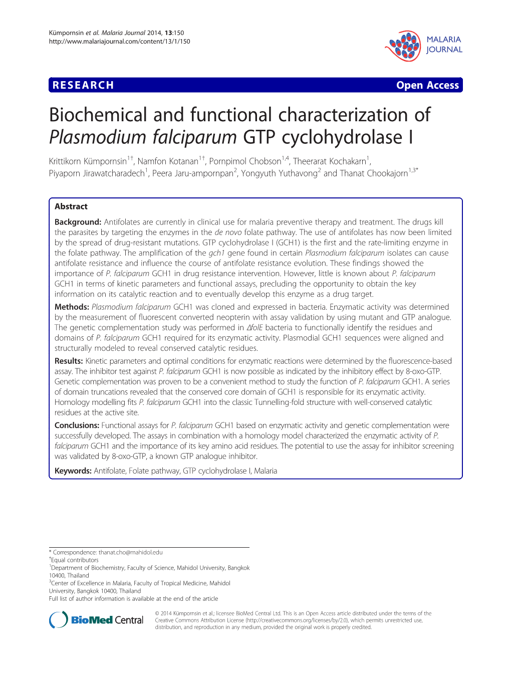 Biochemical and Functional Characterization of Plasmodium