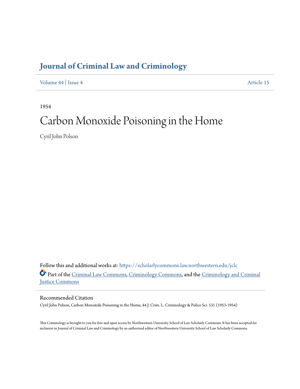 Carbon Monoxide Poisoning in the Home Cyril John Polson