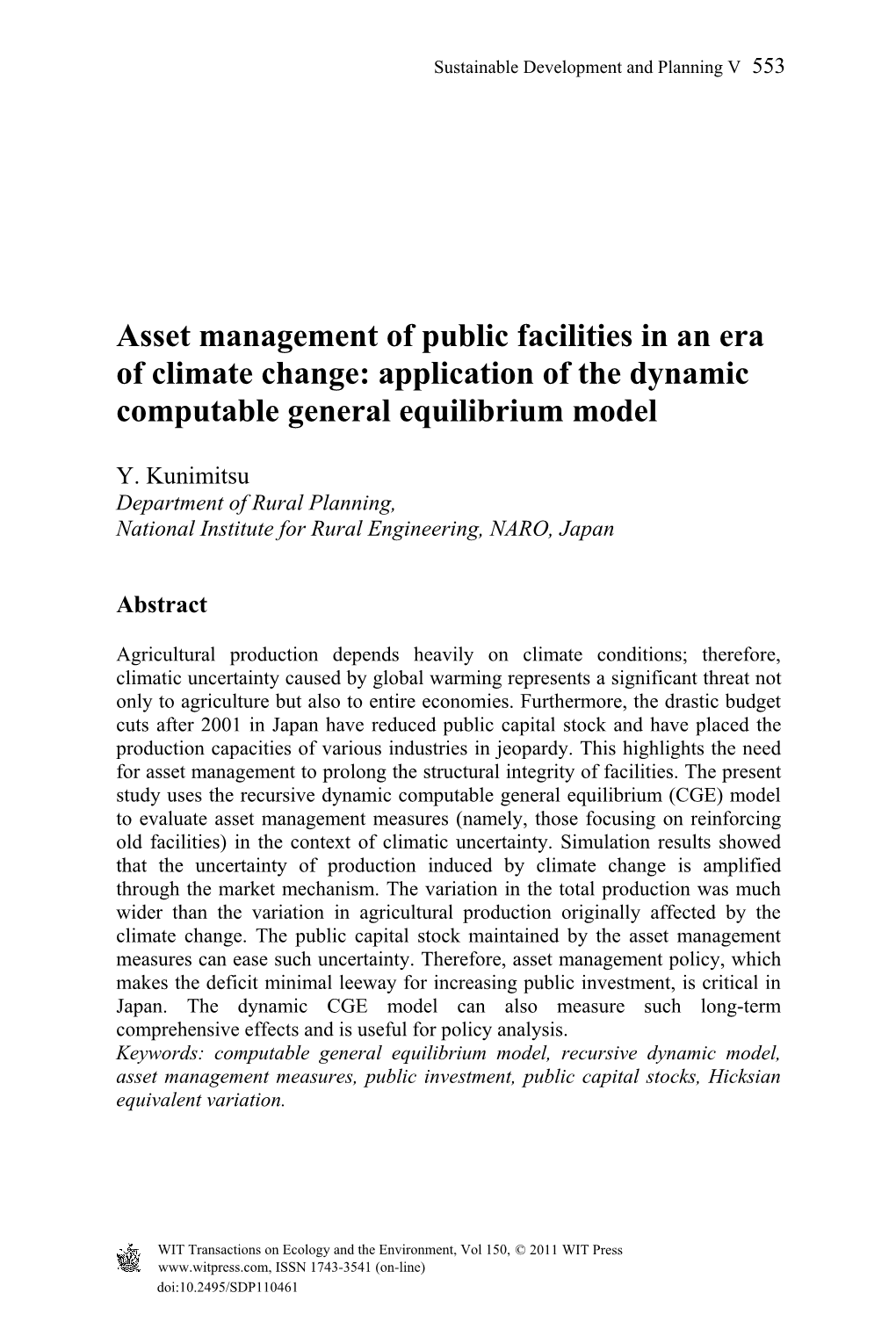 Asset Management of Public Facilities in an Era of Climate Change: Application of the Dynamic Computable General Equilibrium Model