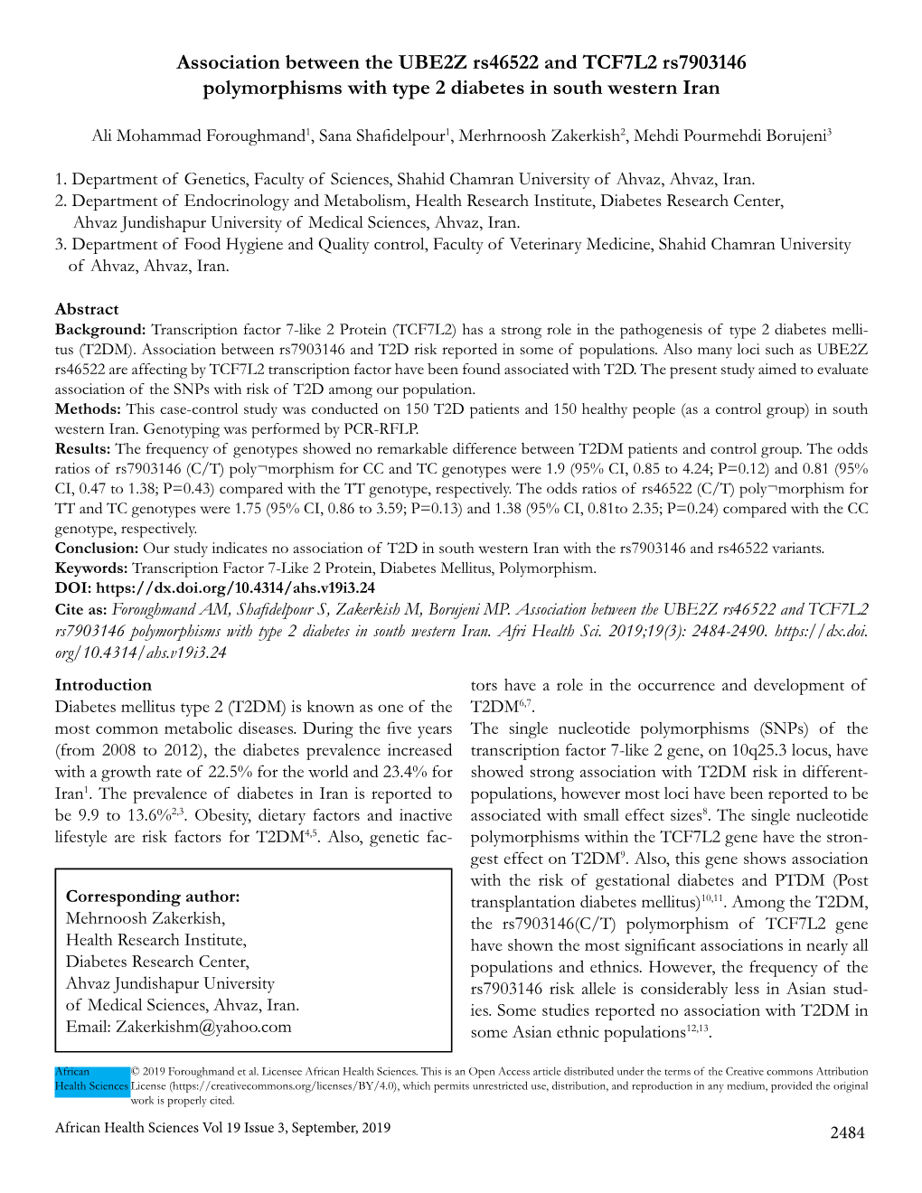 Association Between the UBE2Z Rs46522 and TCF7L2 Rs7903146 Polymorphisms with Type 2 Diabetes in South Western Iran