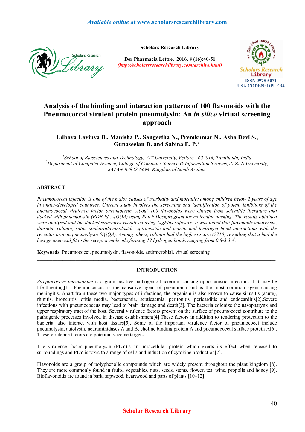 Analysis of the Binding and Interaction Patterns of 100 Flavonoids with the Pneumococcal Virulent Protein Pneumolysin: an in Silico Virtual Screening Approach