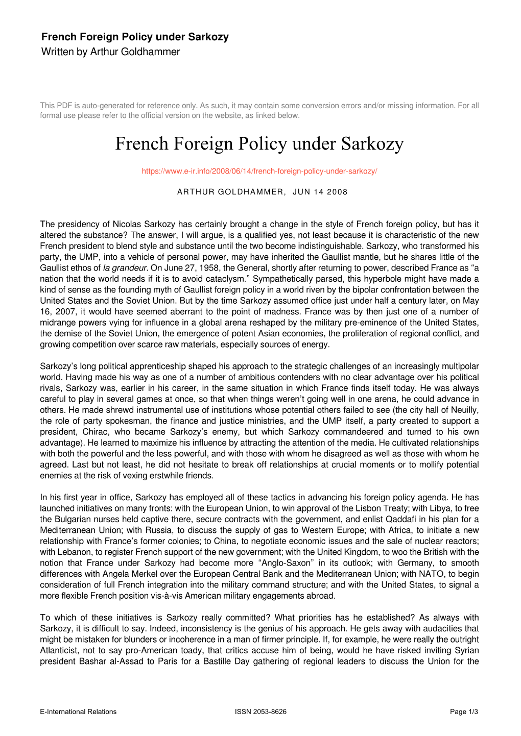 French Foreign Policy Under Sarkozy Written by Arthur Goldhammer