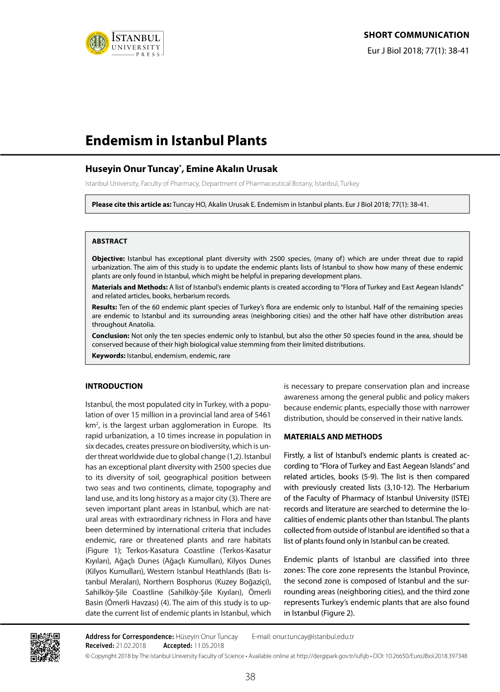 Endemism in Istanbul Plants
