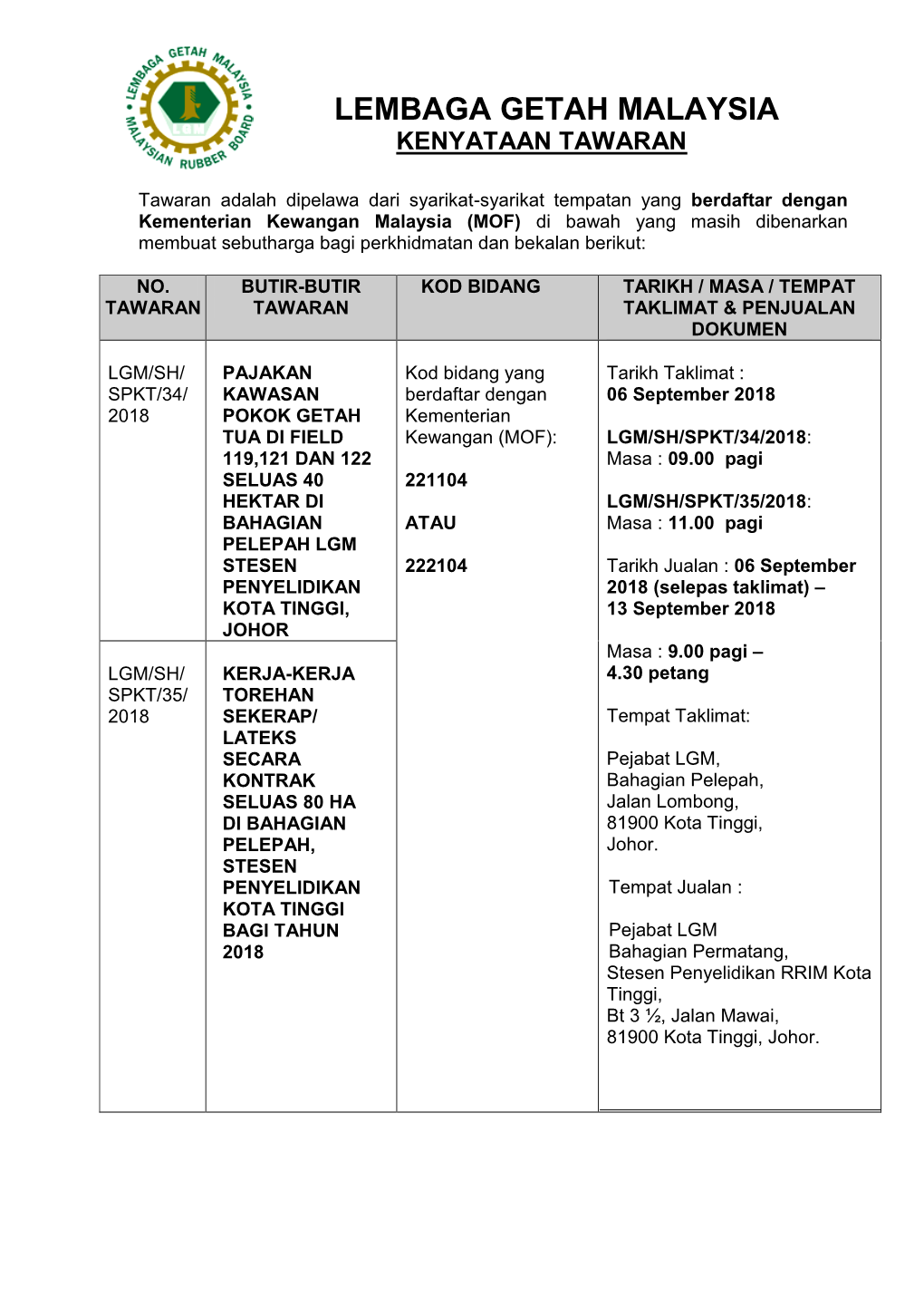 Lembaga Getah Malaysia Kenyataan Tawaran