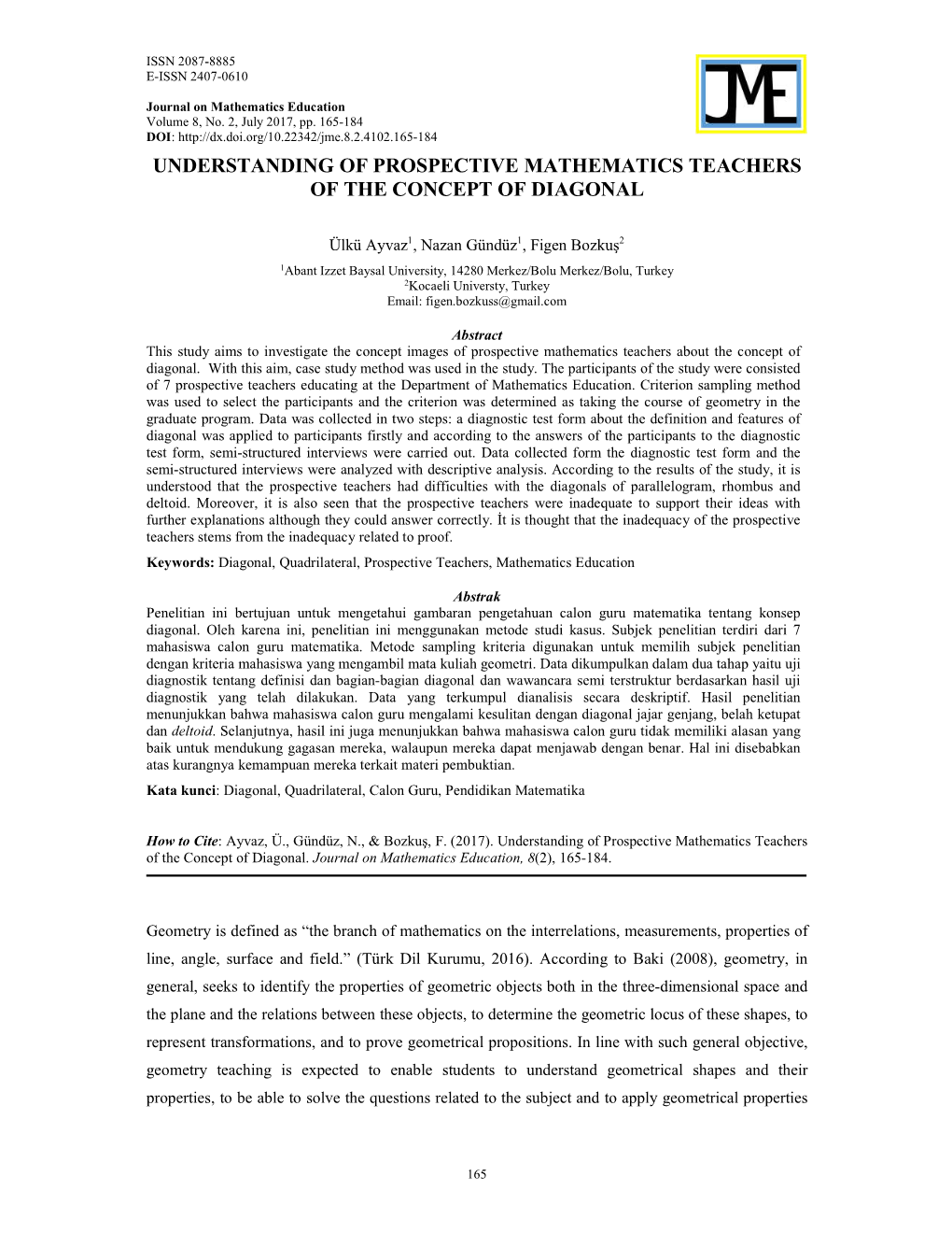 Understanding of Prospective Mathematics Teachers of the Concept of Diagonal