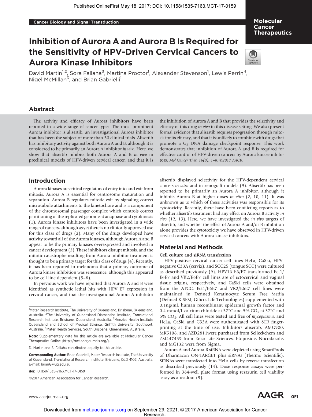 Inhibition of Aurora a and Aurora B Is Required for the Sensitivity of HPV