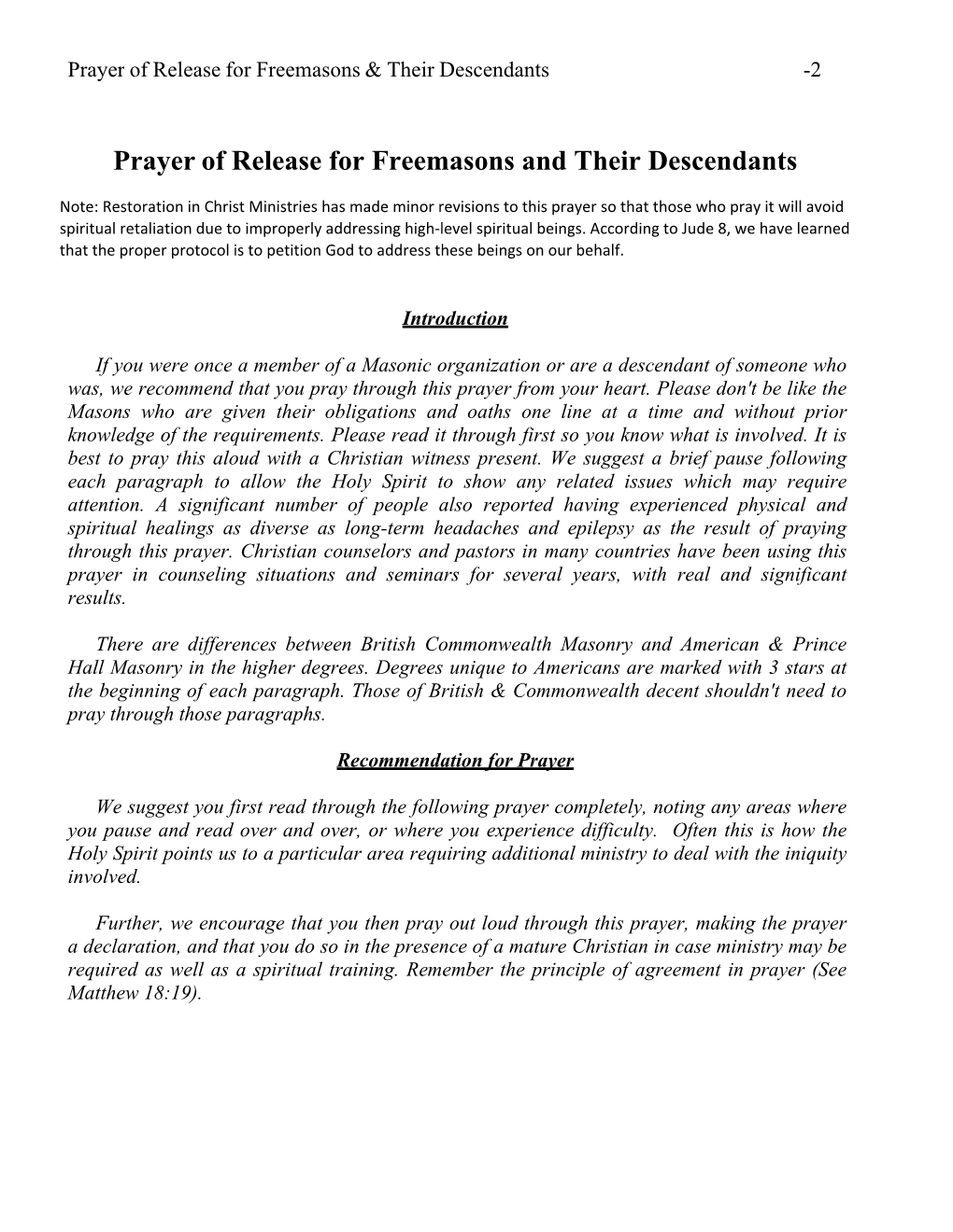 Prayer of Release for Freemasons and Their Descendants