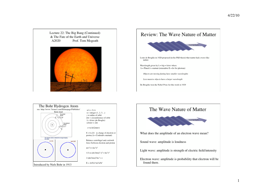 Lecture 22: the Big Bang (Continued) & the Fate of the Earth and Universe Review: the Wave Nature of Matter A2020 Prof