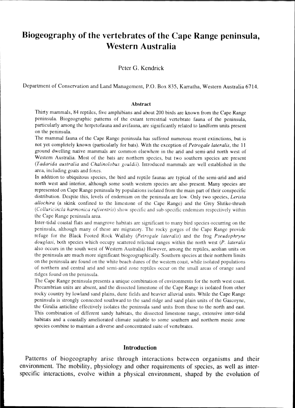 Biogeography of the Vertebrates of the Cape Range Peninsula, Western Australia