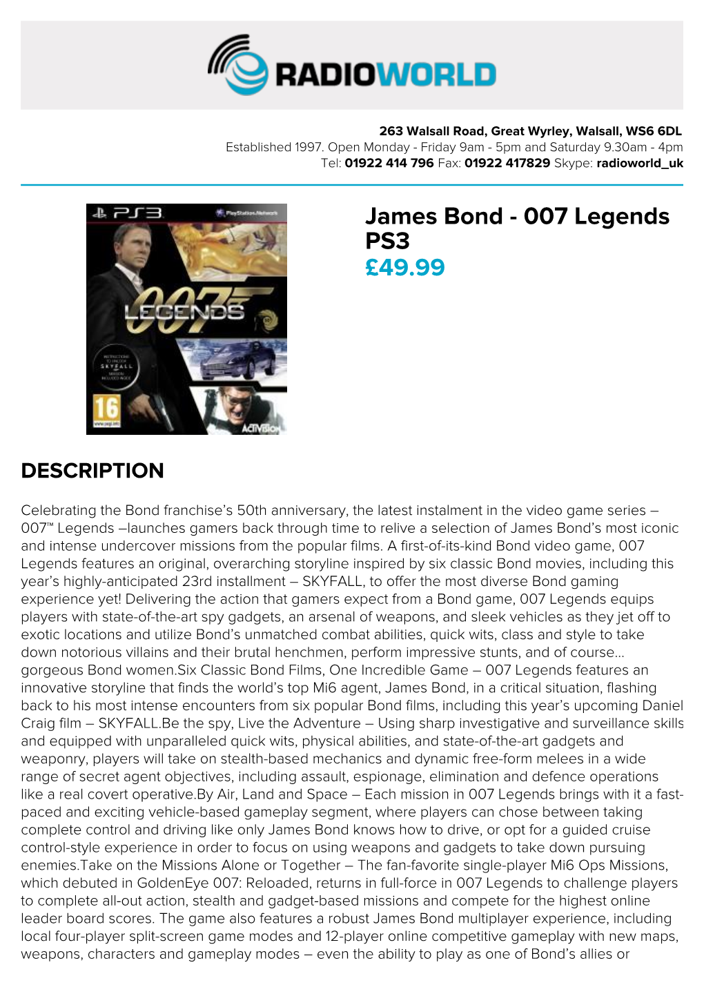 James Bond - 007 Legends PS3 £49.99