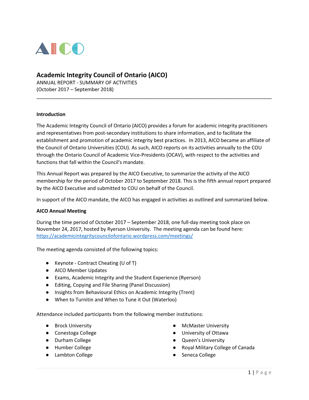 Academic Integrity Council of Ontario (AICO) ANNUAL REPORT - SUMMARY of ACTIVITIES (October 2017 – September 2018) ______