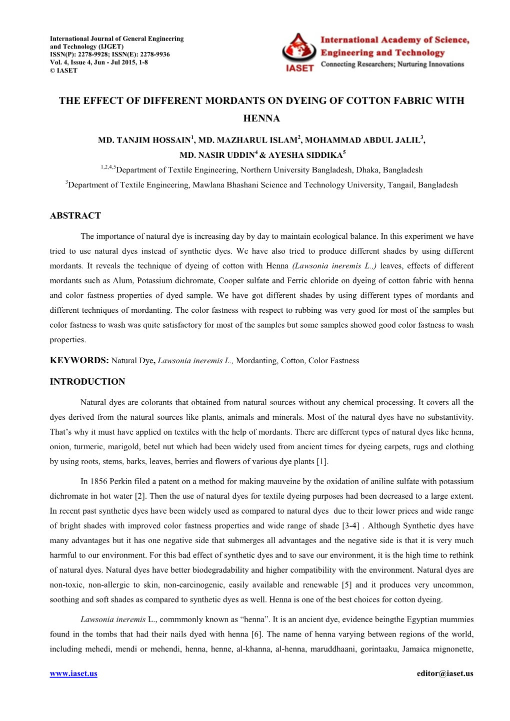 The Effect of Different Mordants on Dyeing of Cotton Fabric with Henna