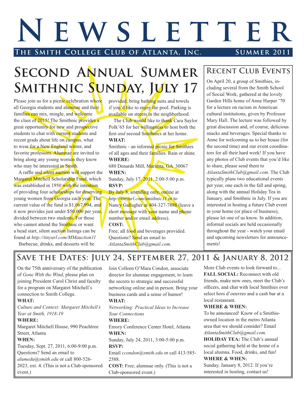 Newsletter the Smith College Club of Atlanta, Inc