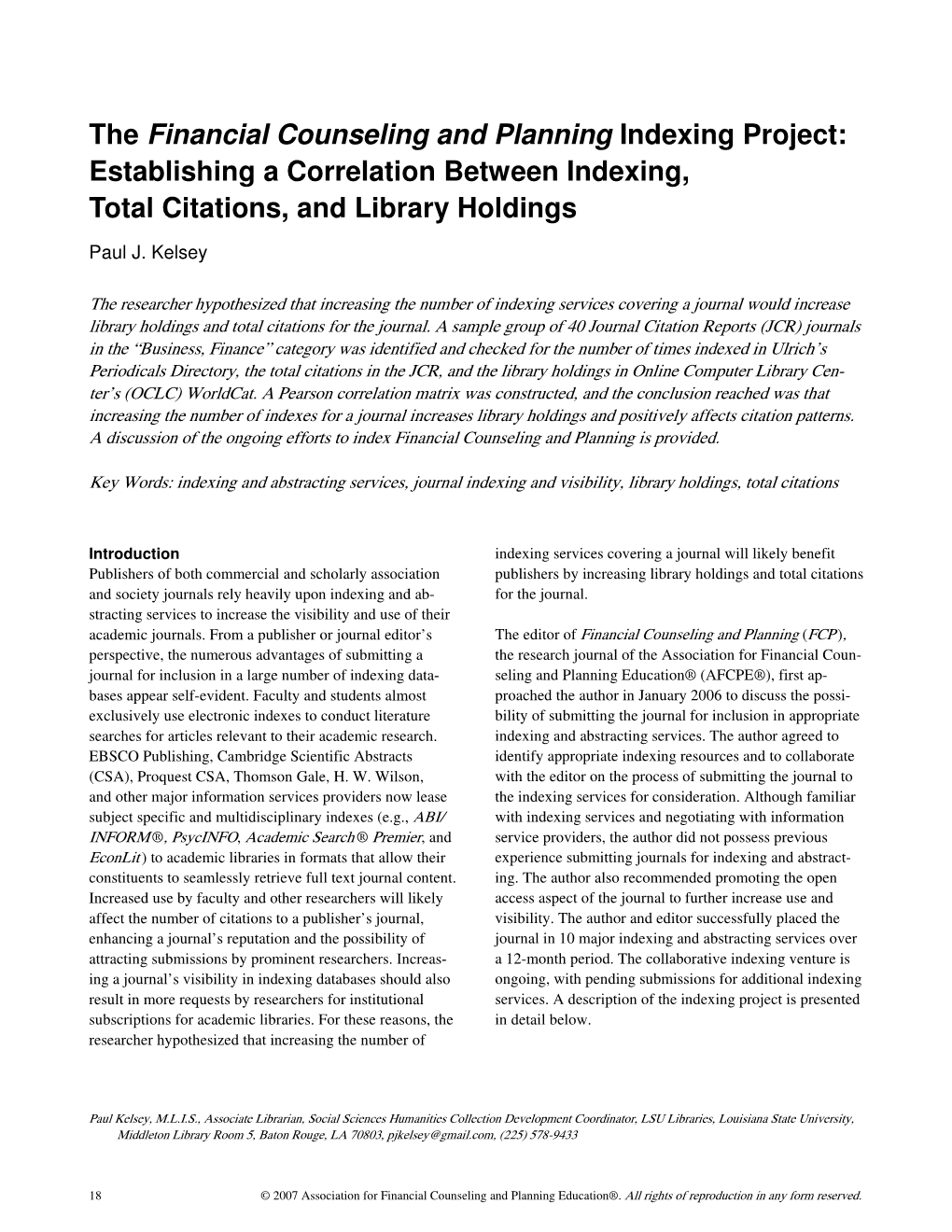 Financial Counseling and Planning Indexing Project: Establishing a Correlation Between Indexing, Total Citations, and Library Holdings