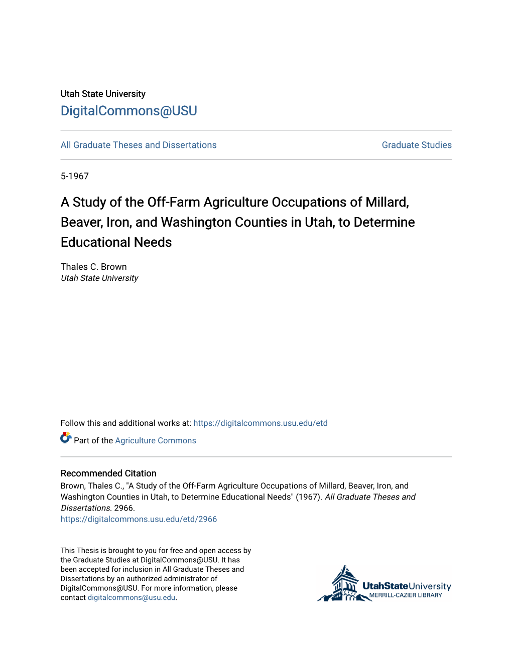 A Study of the Off-Farm Agriculture Occupations of Millard, Beaver, Iron, and Washington Counties in Utah, to Determine Educational Needs