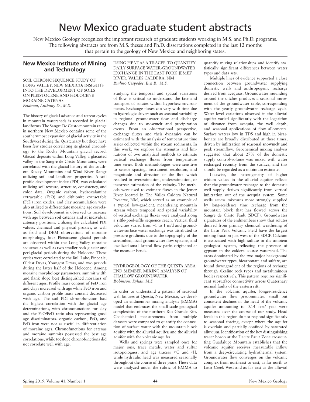 New Mexico Graduate Student Abstracts New Mexico Geology Recognizes the Important Research of Graduate Students Working in M.S