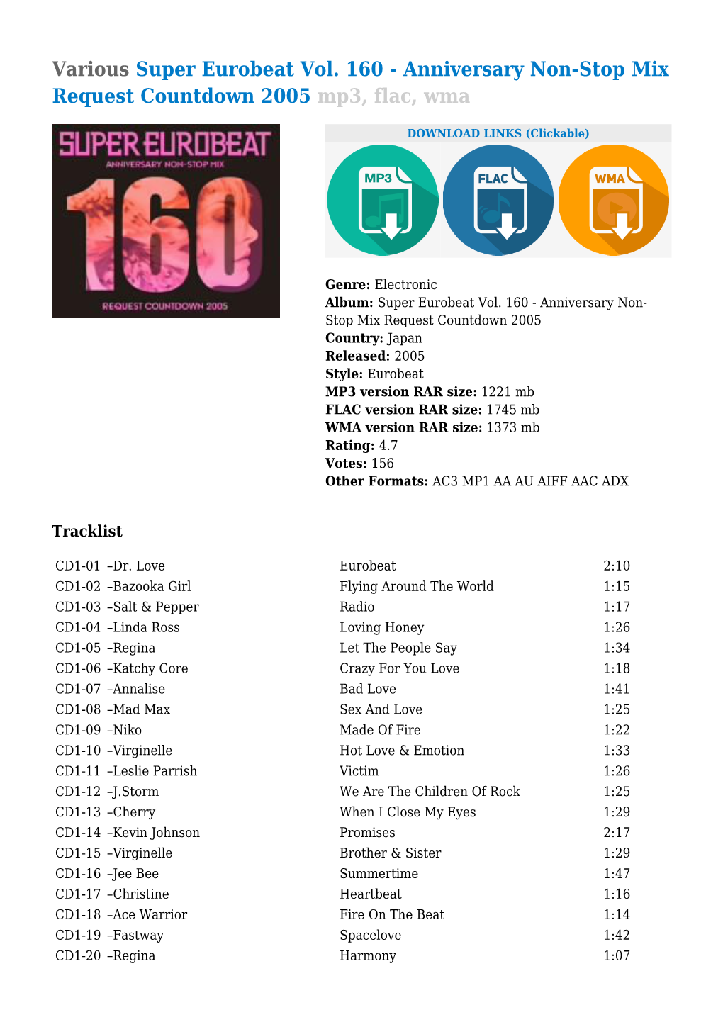 Various Super Eurobeat Vol. 160 - Anniversary Non-Stop Mix Request Countdown 2005 Mp3, Flac, Wma