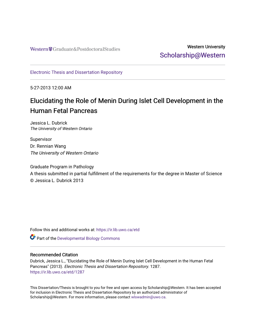 Elucidating the Role of Menin During Islet Cell Development in the Human Fetal Pancreas