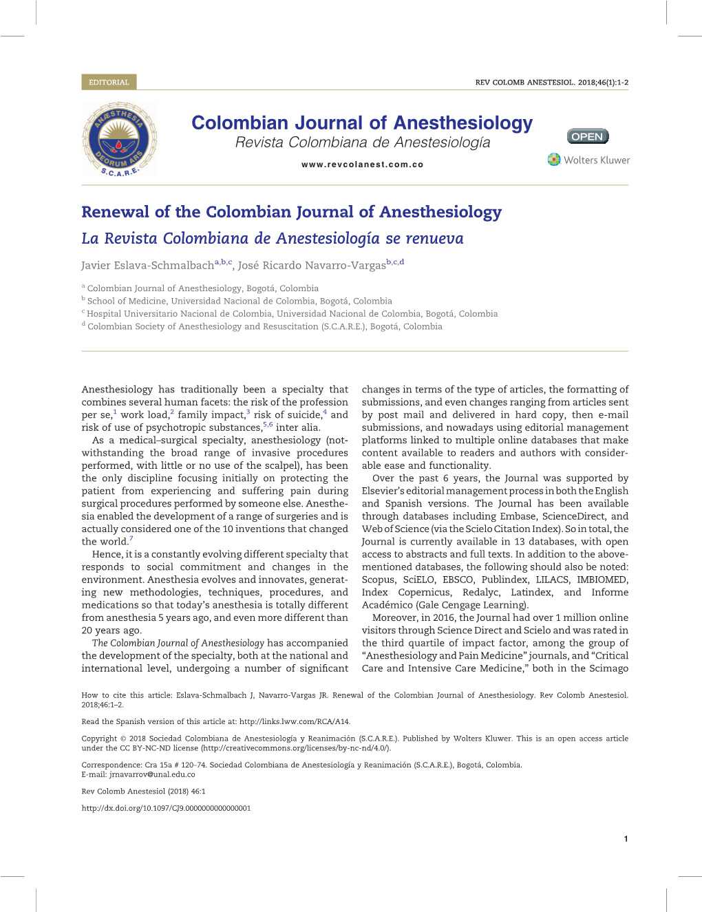 Colombian Journal of Anesthesiology Revista Colombiana De Anestesiología OPENOOPPEENN