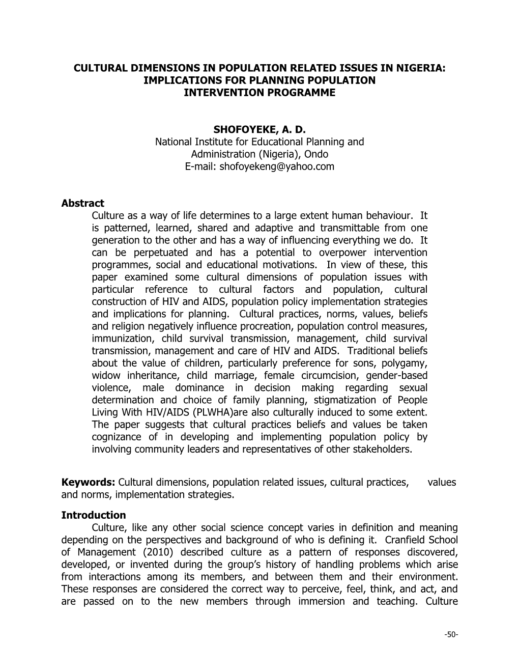 Cultural Dimensions in Population Related Issues in Nigeria: Implications for Planning Population Intervention Programme