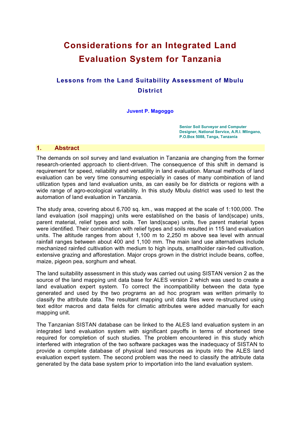 Considerations for an Integrated Land Evaluation System for Tanzania