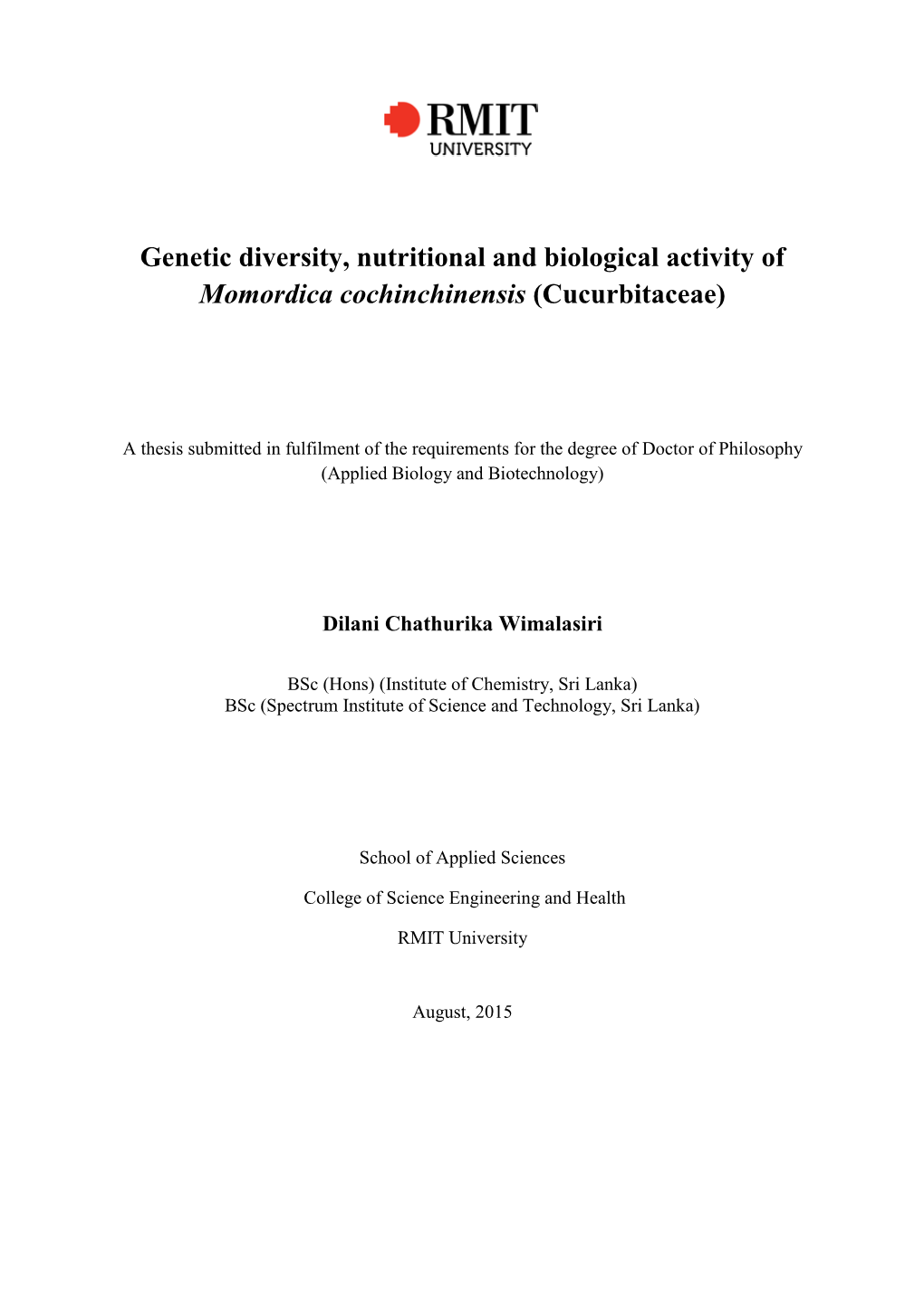 Genetic Diversity, Nutritional and Biological Activity of Momordica