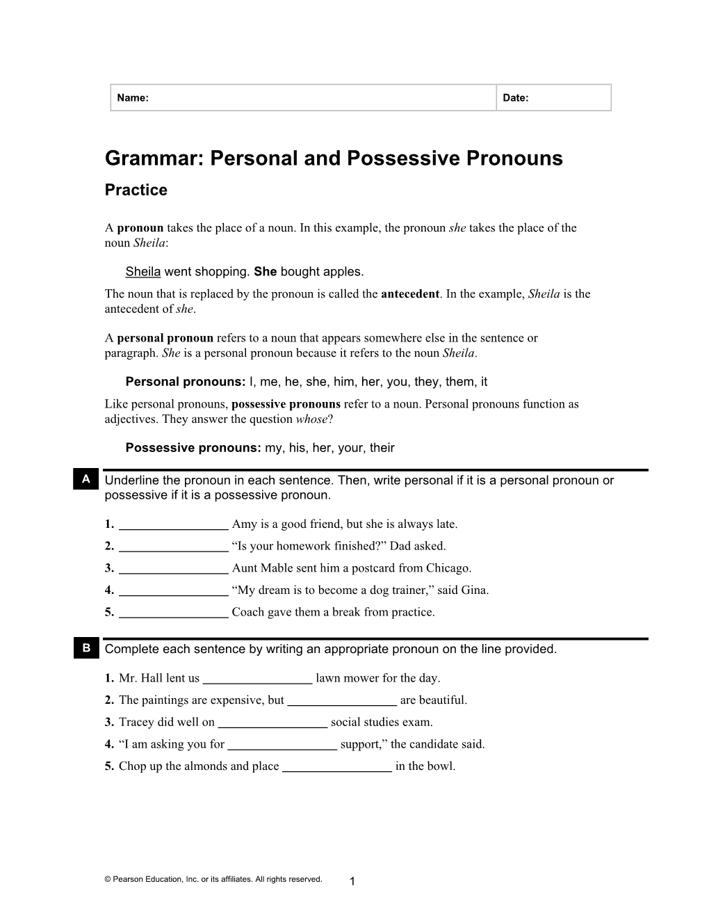 Grammar: Personal and Possessive Pronouns Practice