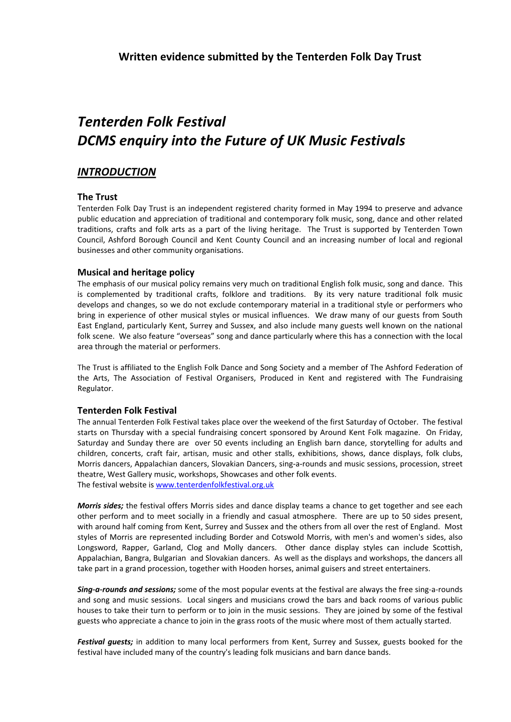 Tenterden Folk Festival DCMS Enquiry Into the Future of UK Music Festivals