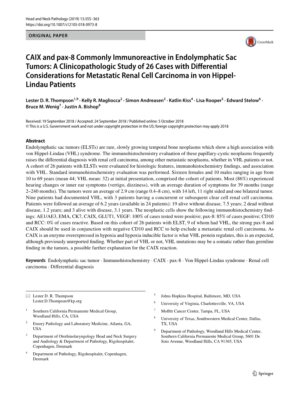 CAIX and Pax-8 Commonly Immunoreactive in Endolymphatic